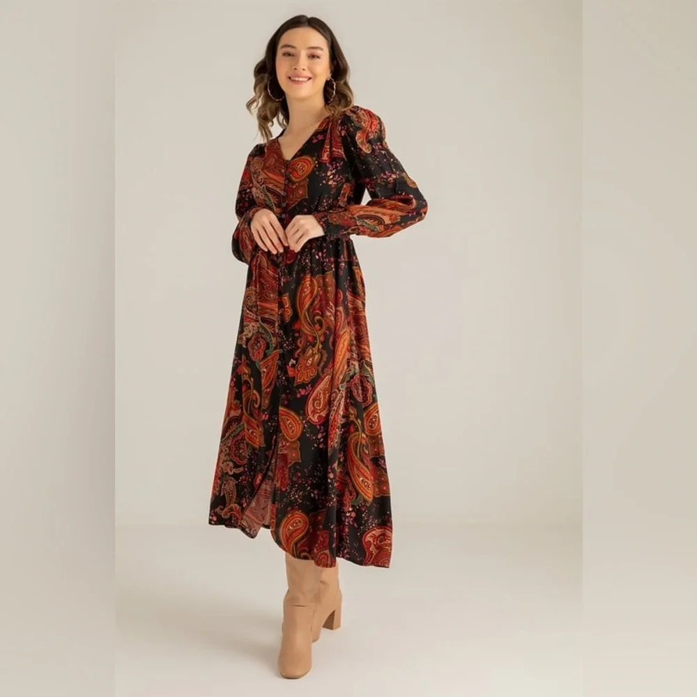 NWOT Zara paisley print smocked a neck button down dress Size XS - Picture 3 of 12